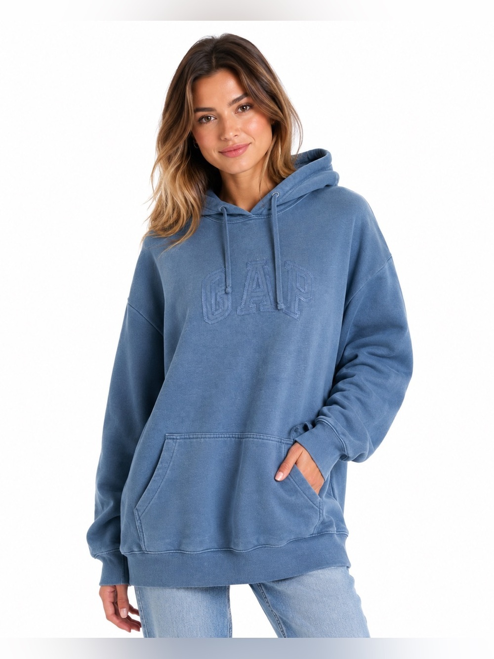 GAP Blue Fleece Logo Hoodie Oversized Pullover Sweatshirt Size XL